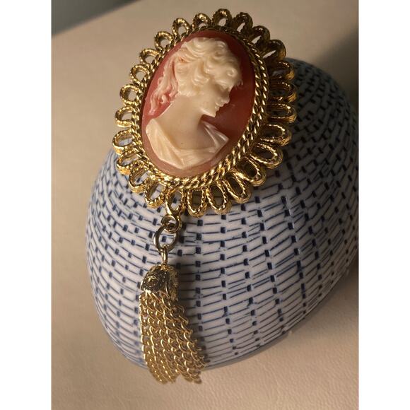 Unbranded Jewelry - Cameo Brooch Victorian Revival Mid-century Pin Pendant Convertible Tassel Detail
